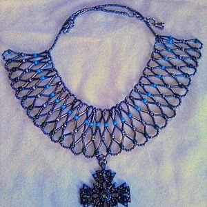 Hand Crafted Silver n Green n Bue beaded necklace with big cross